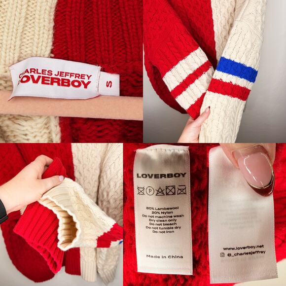 Charles Jeffrey Loverboy Off White Red College Cricket Cable Knit Wool Sweater - Picture 12 of 15